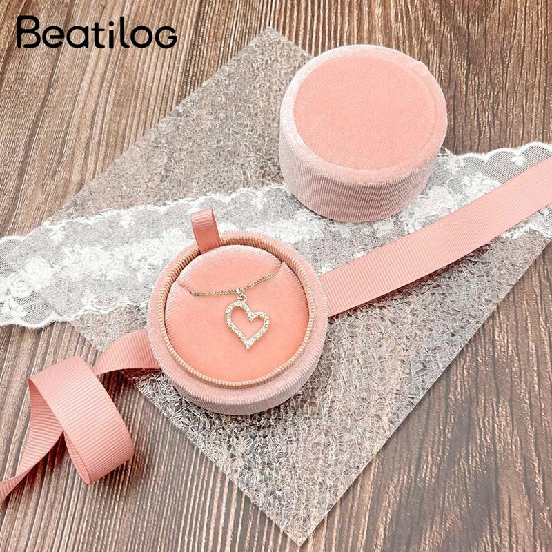 Beatilog Small Necklace Gift Box - Velvet Pendant Case Portable Round Jewelry Storage with Elegant Ribbon Bow for Birthday, Mothers Day, Christmas, Wedding, Anniversary ï¼ˆPinkï¼‰ - Image 2